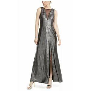 Nightway Womens Gown Dress Gray Stretch Plunge Neck Sleeveless Slit Zip 8 New‎